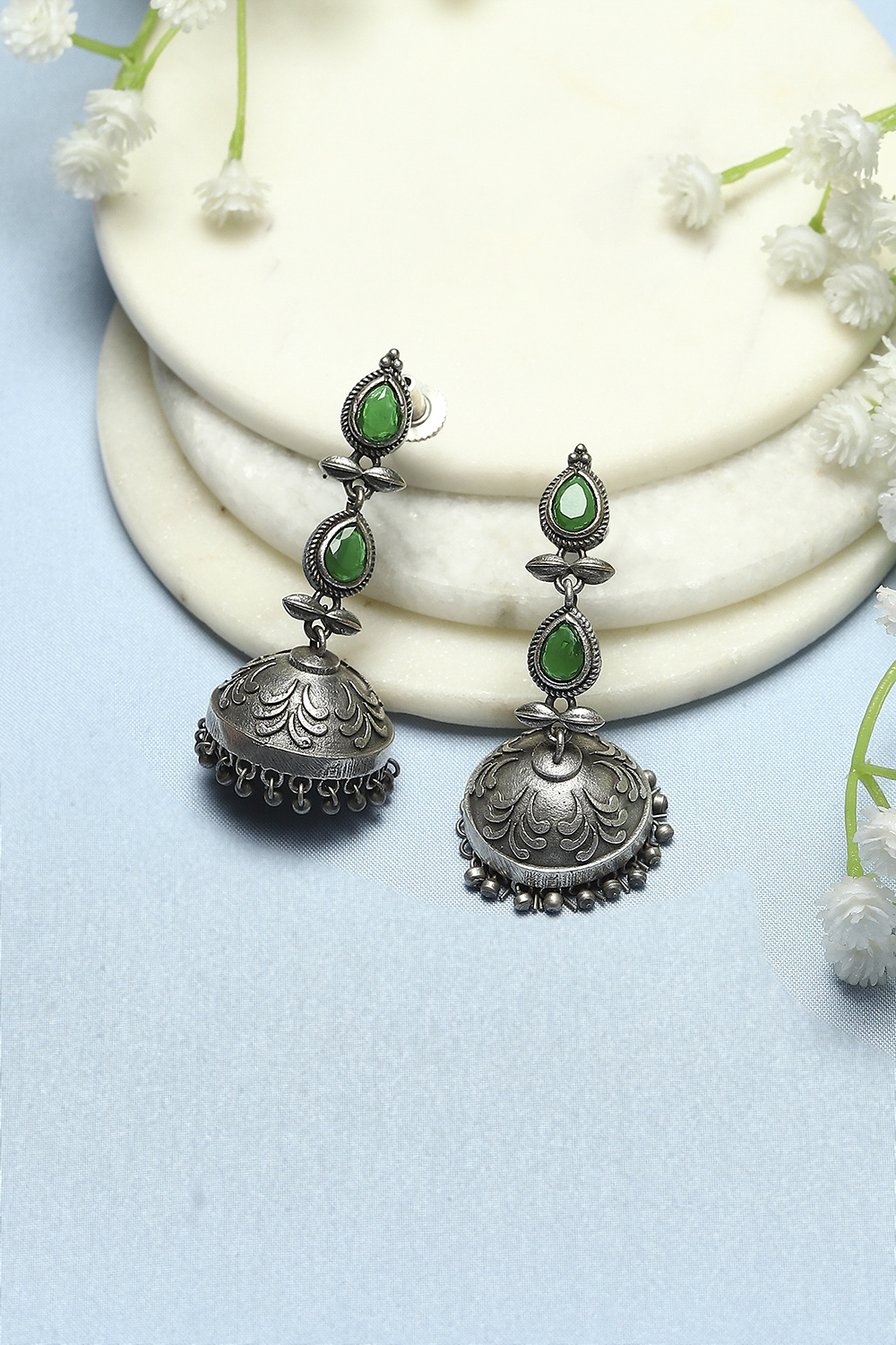 Green Oxidised Stone Studded Tear Drop Jhumkas image number 0