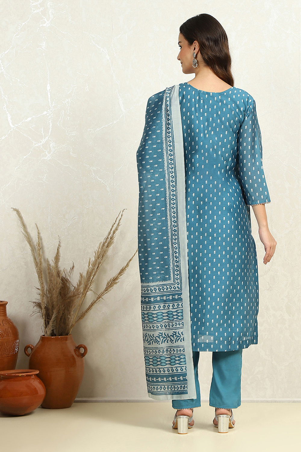 Blue Chanderi Floral Printed Unstitched Suit Set image number 4