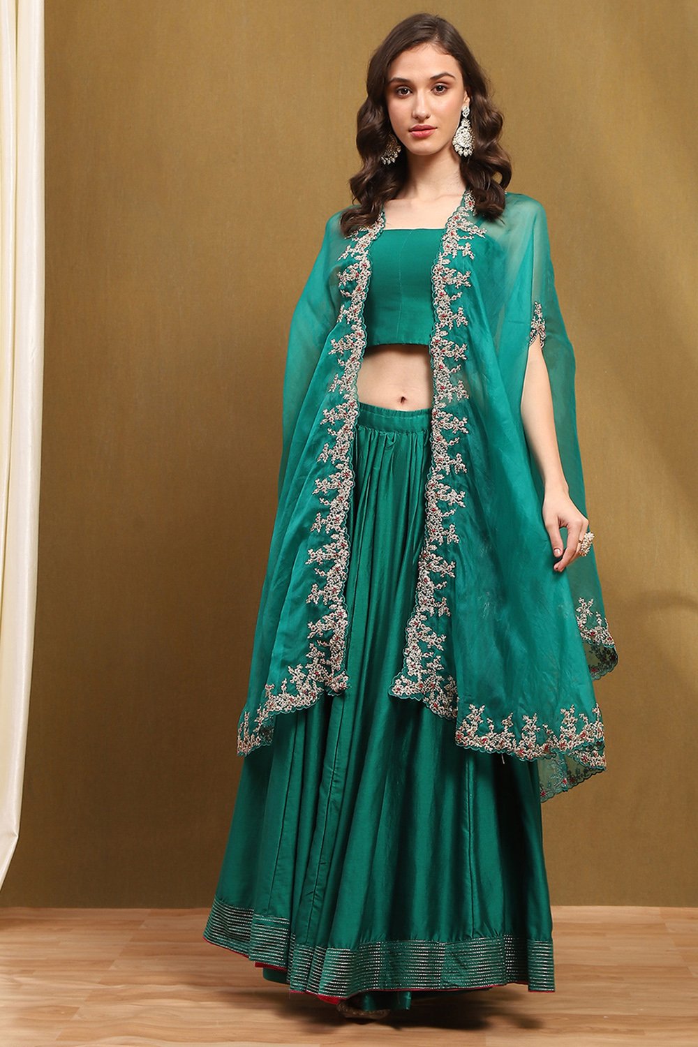 Green Silk Chanderi Festive Flared Lehenga Set image number 7