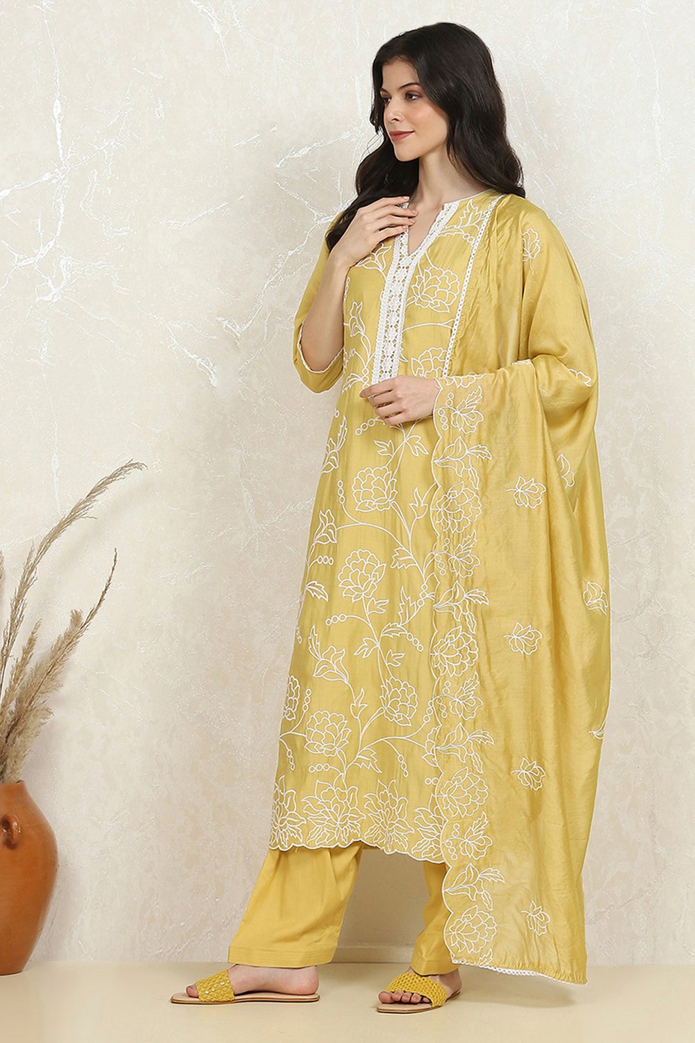 Yellow Modal Machine Embroidered Unstitched Suit Set image number 4