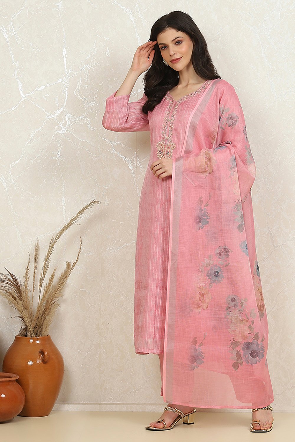 Peach Linen Digital Print Unstitched Suit Set image number 4