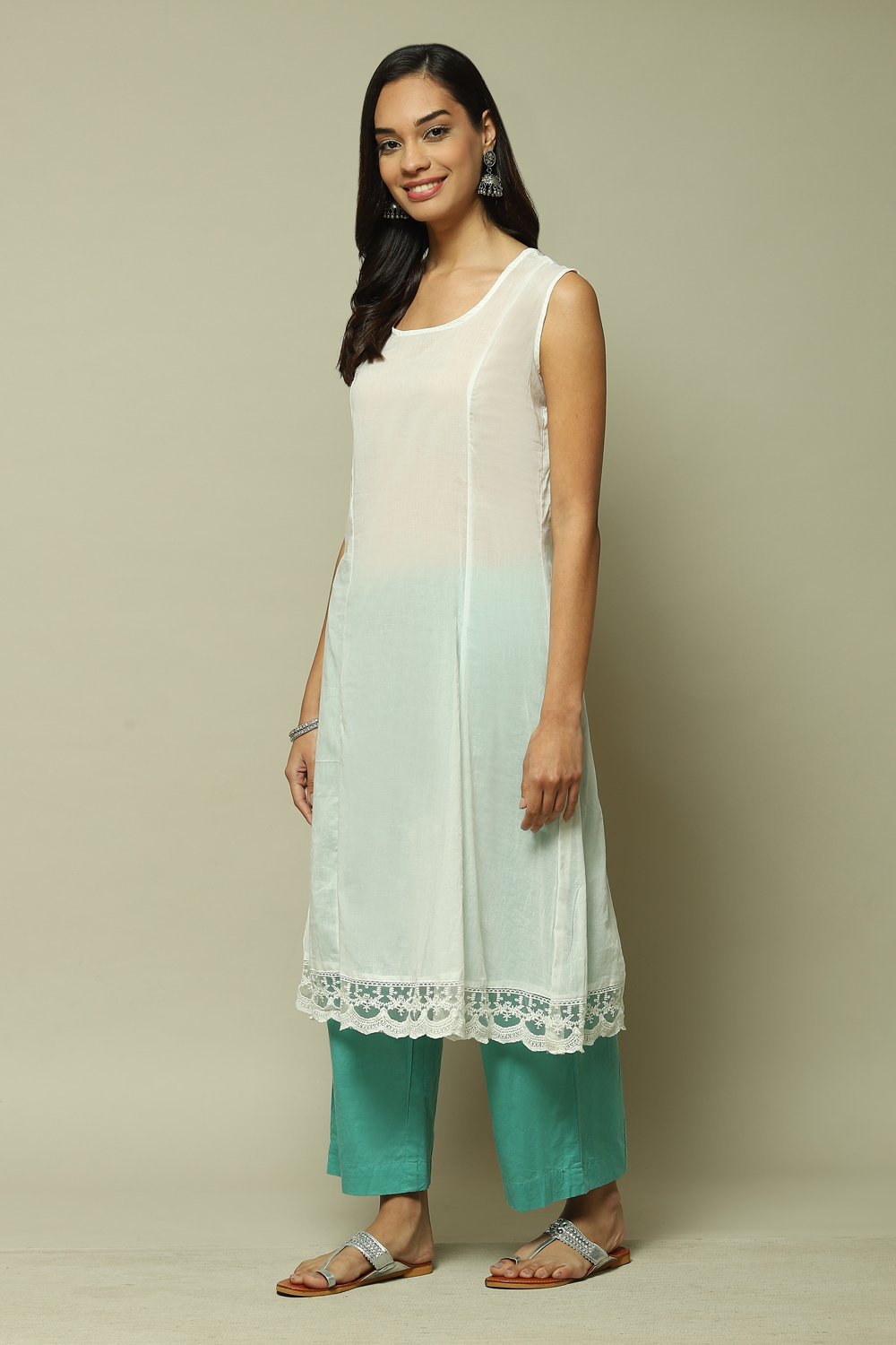 Turquoise Cotton Anarkali Kurta Palazzo Suit Set image number 1