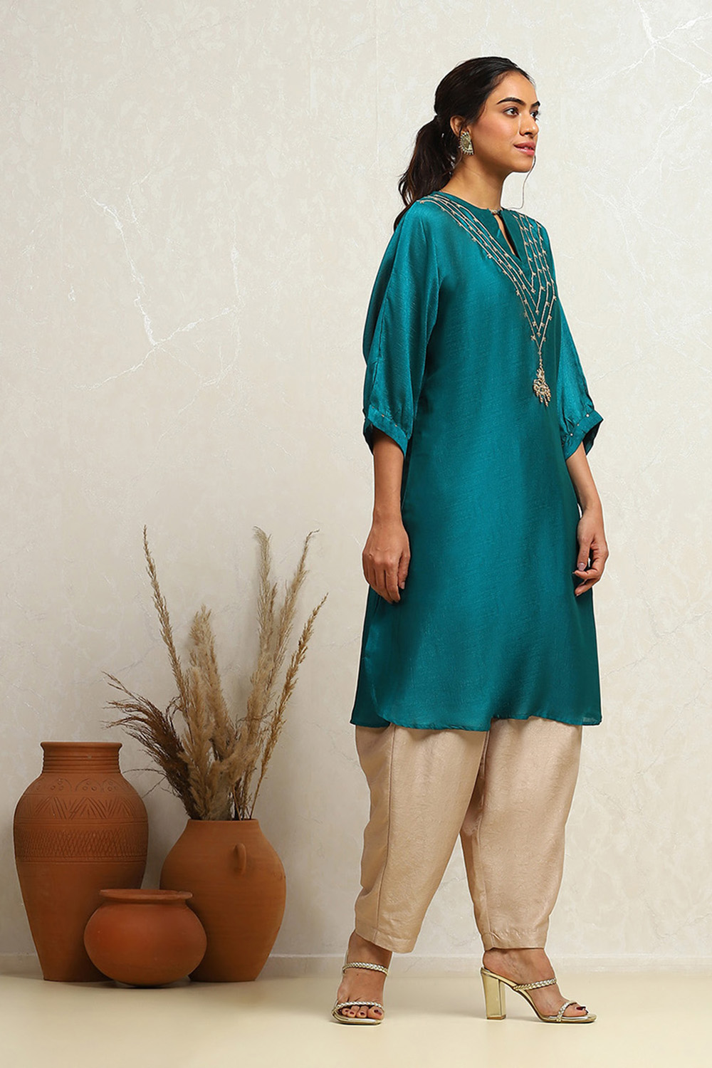 Emerald Green Straight Regular Fit Festive Kurta image number 4