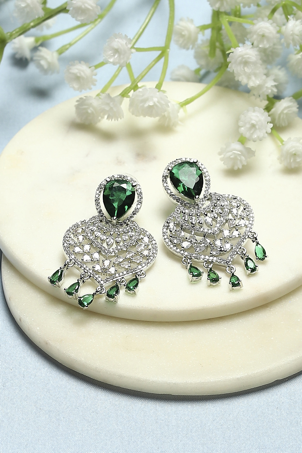 Green and White Silver-Plated CZ Studded Danglers image number 0