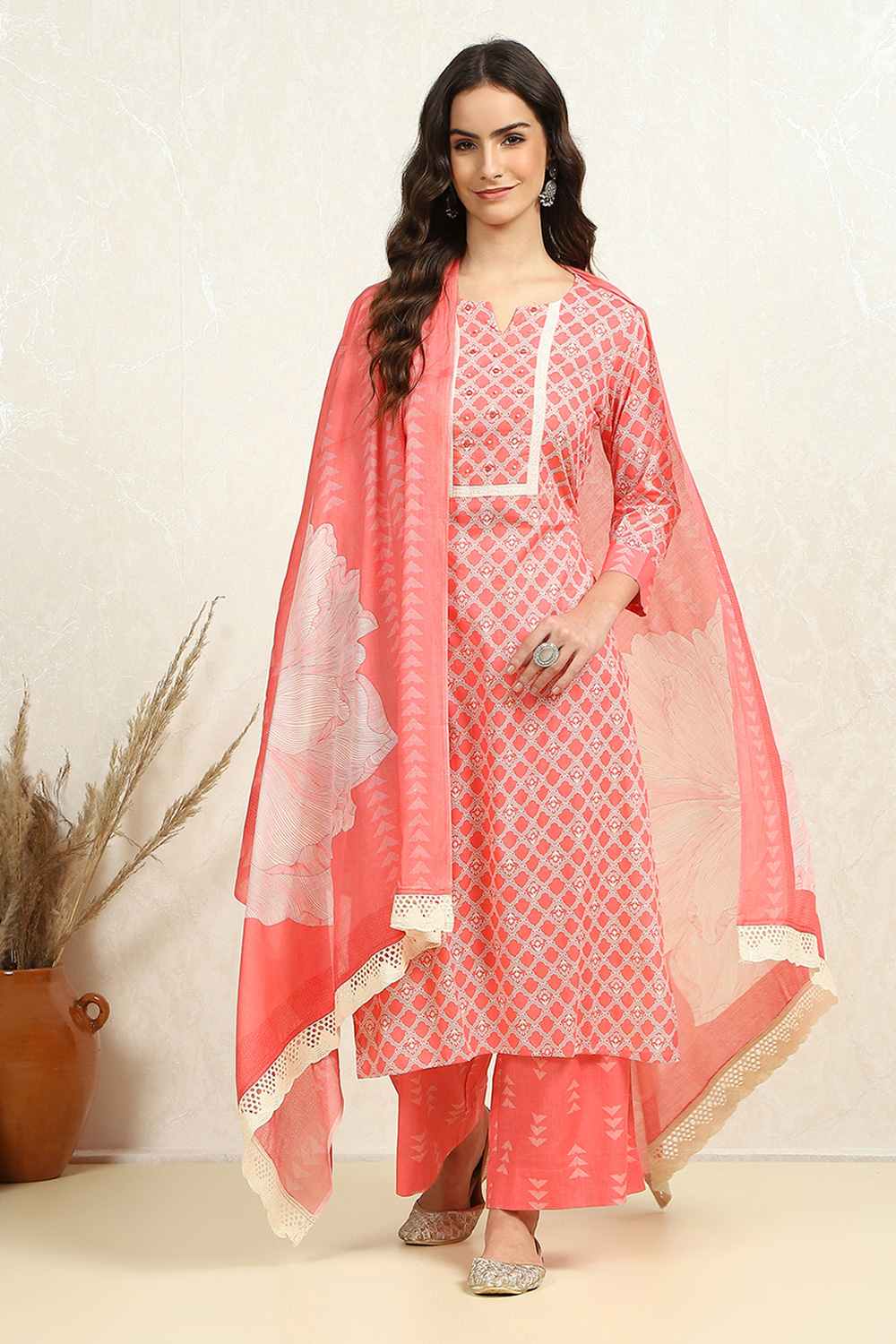 Pink Cotton Hand Block Print Unstitched Suit Set image number 1