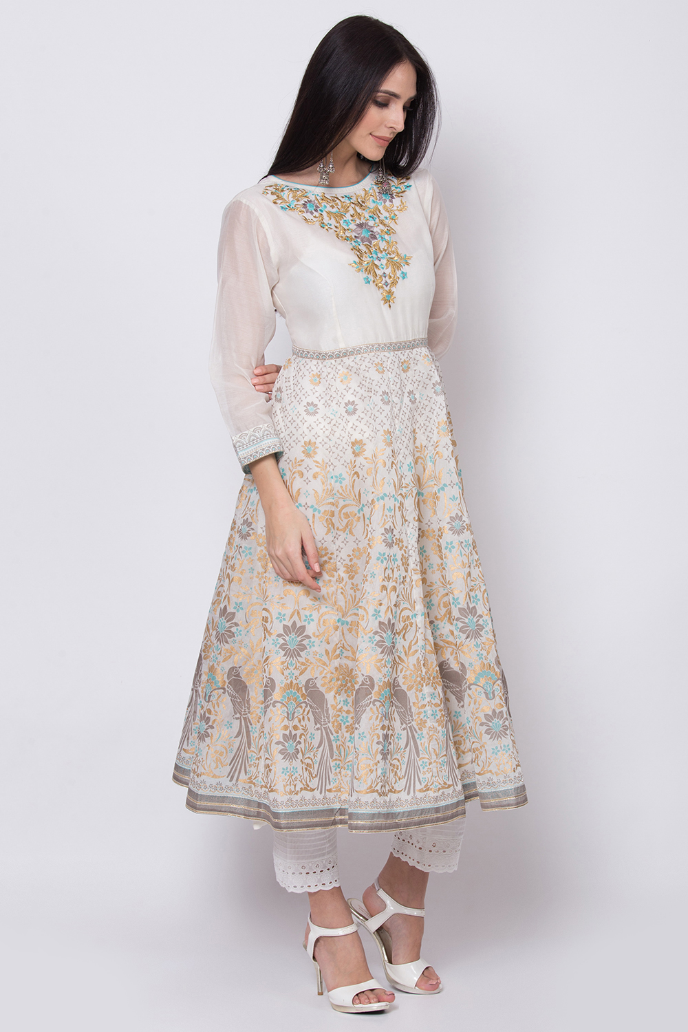 Off White Poly Cotton Anarkali Printed Kurta image number 3