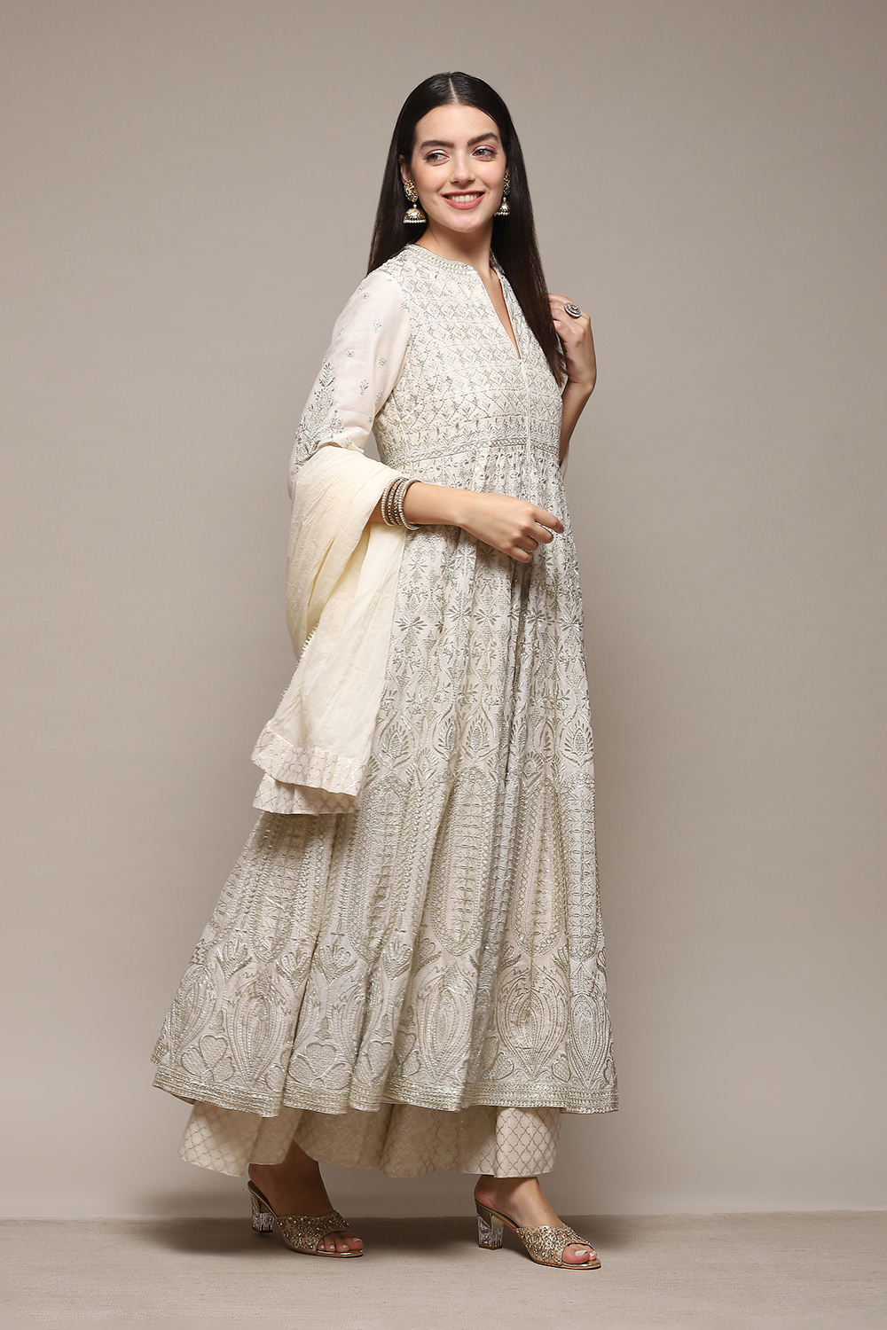 Off White Cotton Anarkali Kurta Skirt Suit Set image number 6