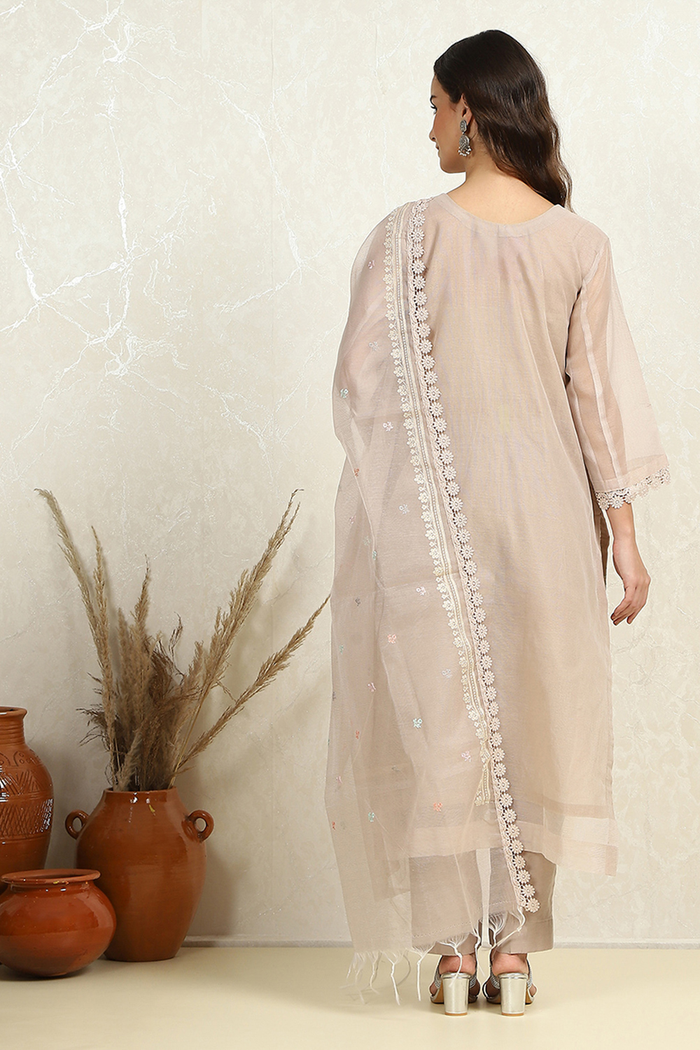 Peach-Coloured Floral Embroidered Unstitched Suit Set image number 4