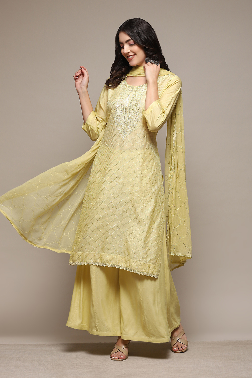 Yellow Chanderi Unstitched Suit Set image number 5