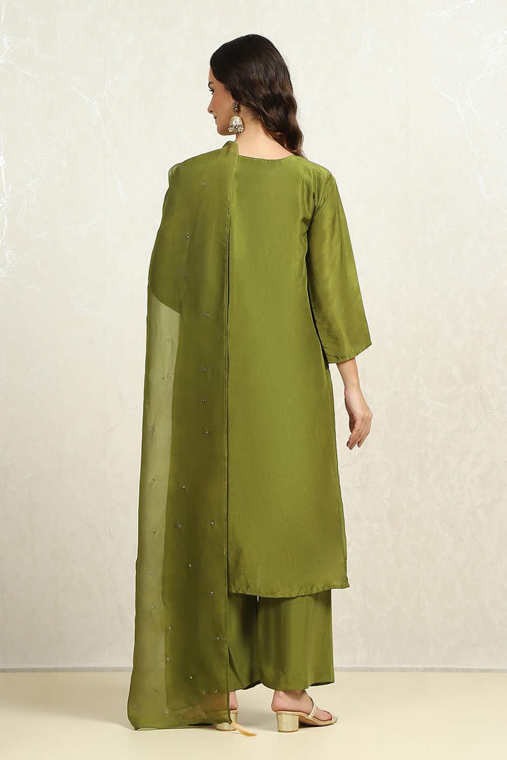 Earthy Green Viscose Silk Woven Unstitched Suit Set image number 5