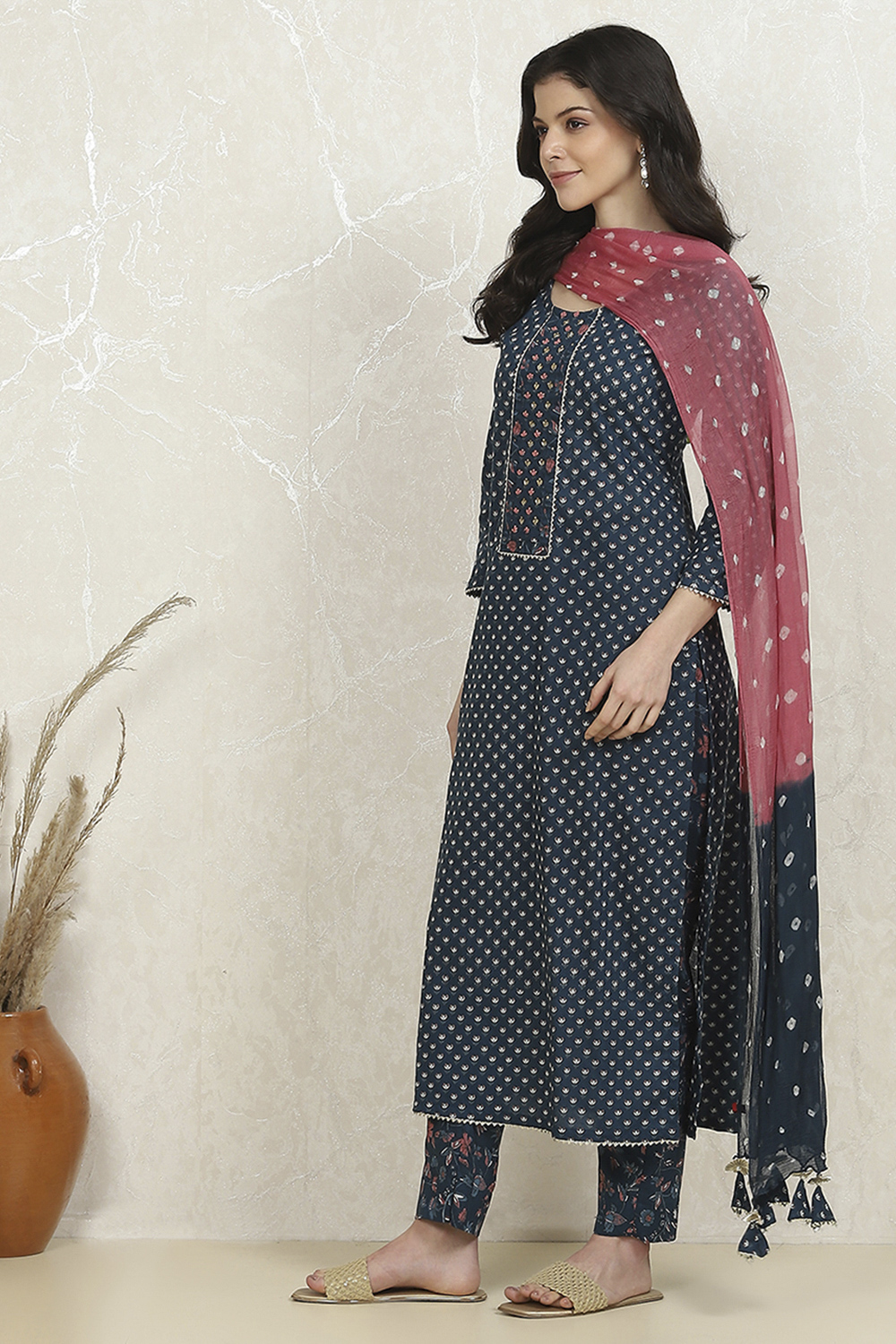 Navy Blue Cotton Printed Unstitched Suit Set image number 4