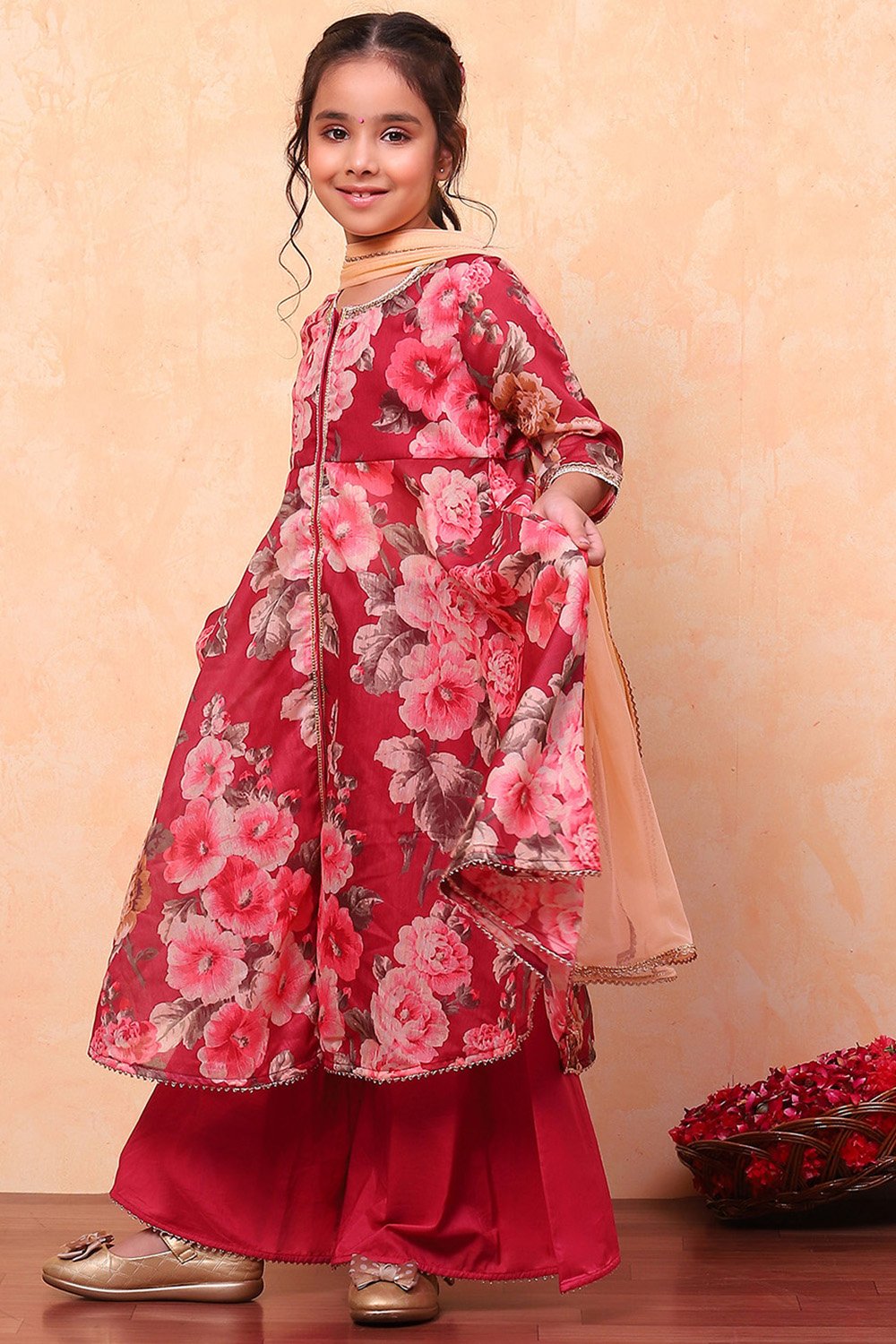 White and Pink Floral Printed Flared Festive Suit Set image number 3