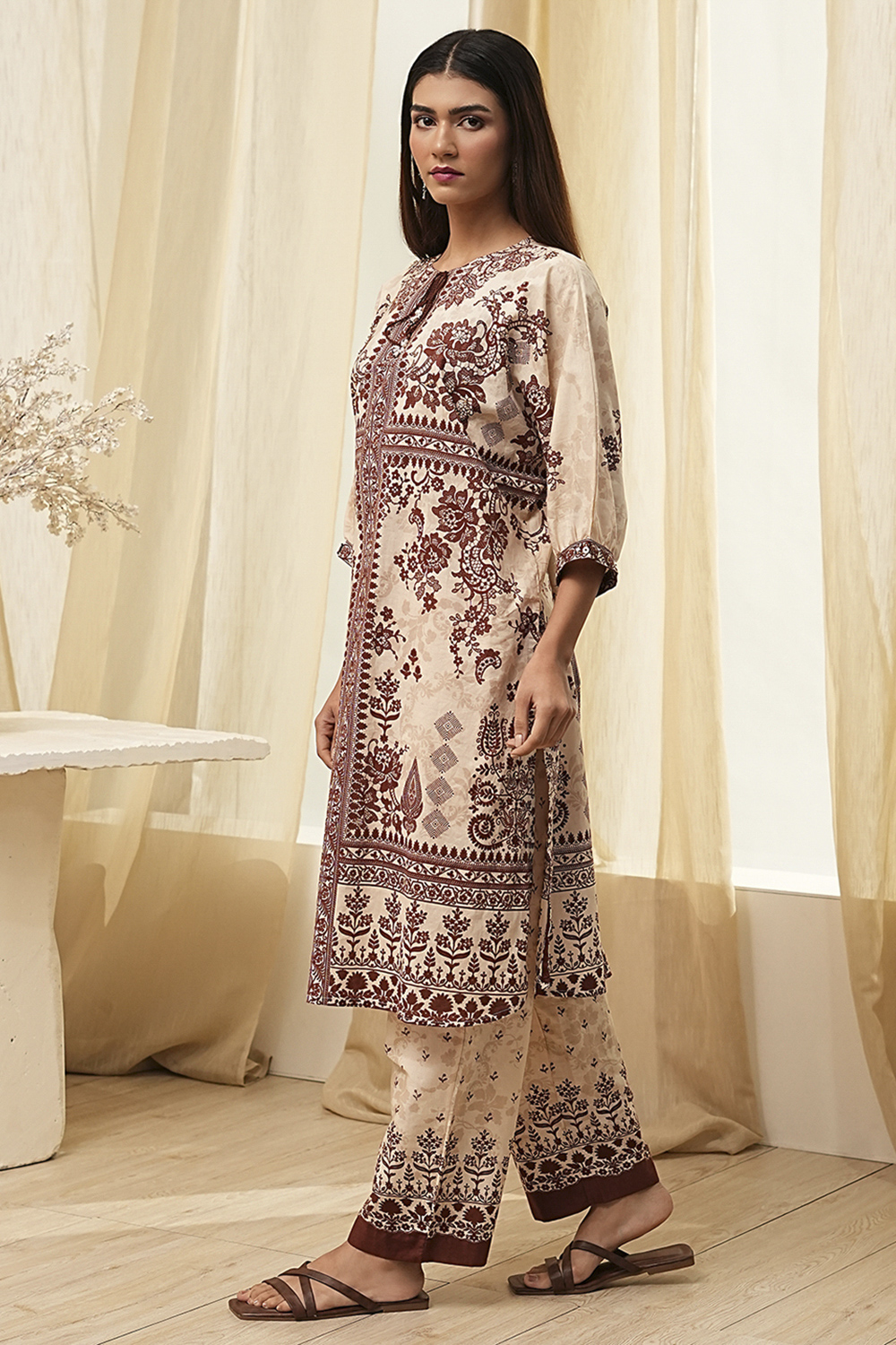 Beige and Brown Pure Cotton Printed Kurta Set image number 3