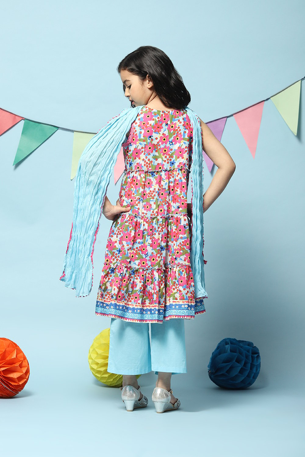 Blue Cotton Tiered Kurta Straight Palazzo Suit Set image number 4