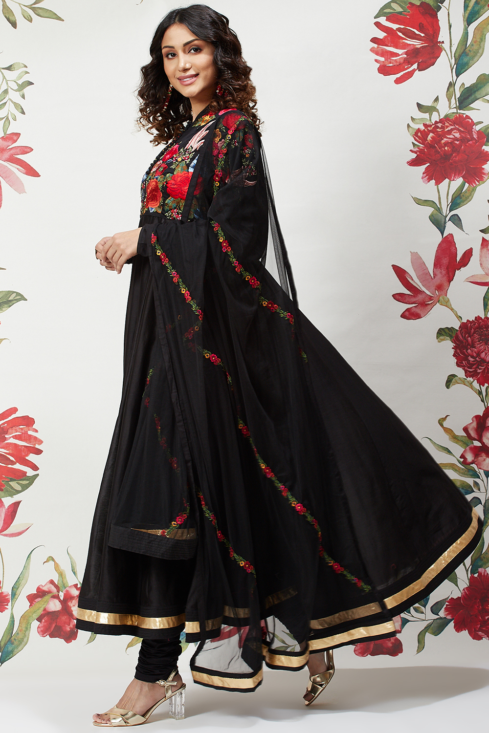 Rohit Bal Black Cotton Silk Anarkali Embroidered Suit image number 4