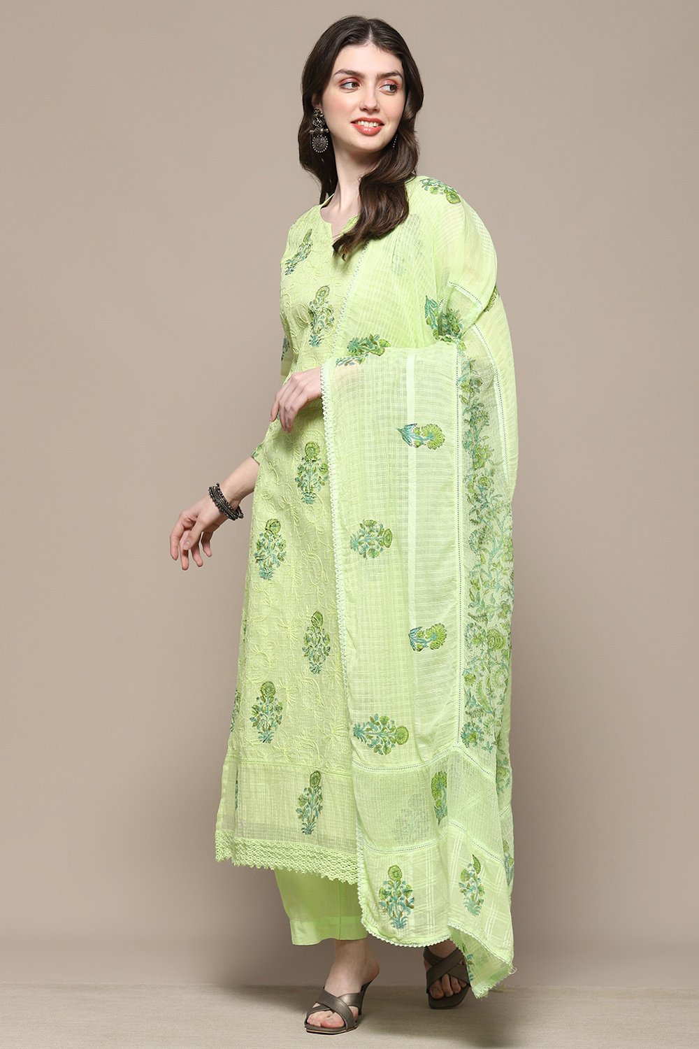 Pista Green Cotton Blend Unstitched Suit set image number 1