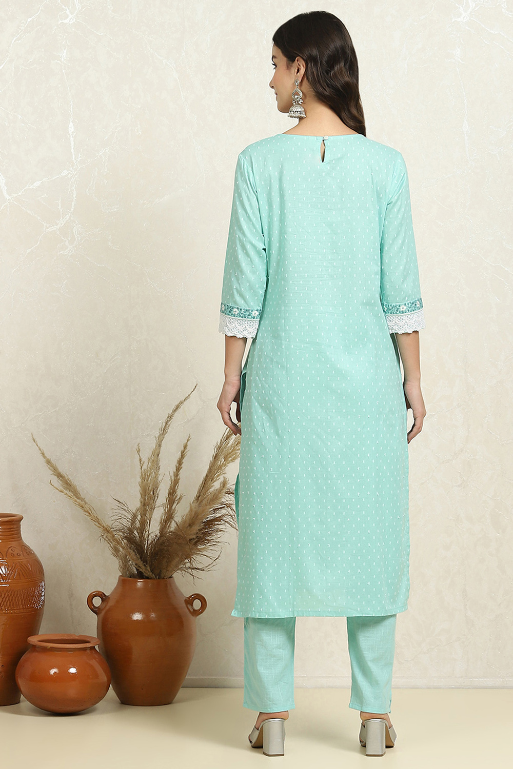 Blue Cotton Handloom Unstitched Suit Set image number 5