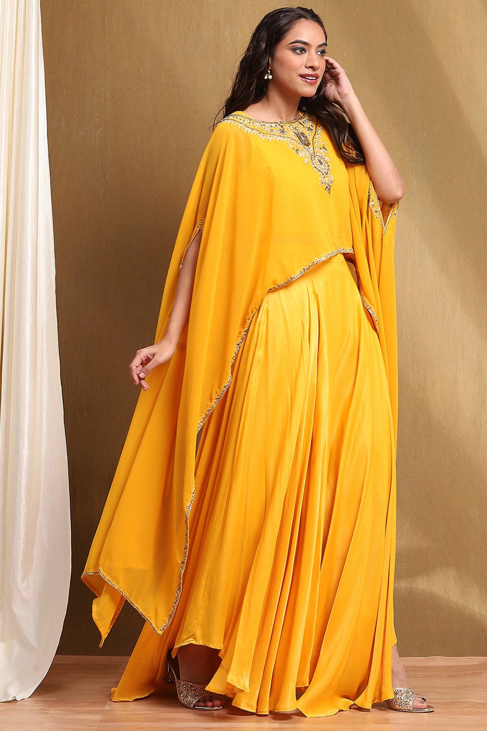 Yellow Viscose Blend Asymmetric Set image number 5