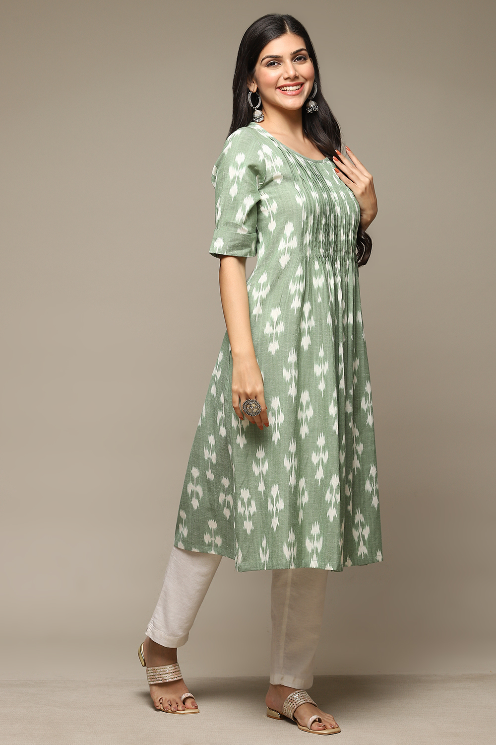 Khaki Green Cotton IKAT Straight Yarndyed Kurta image number 4