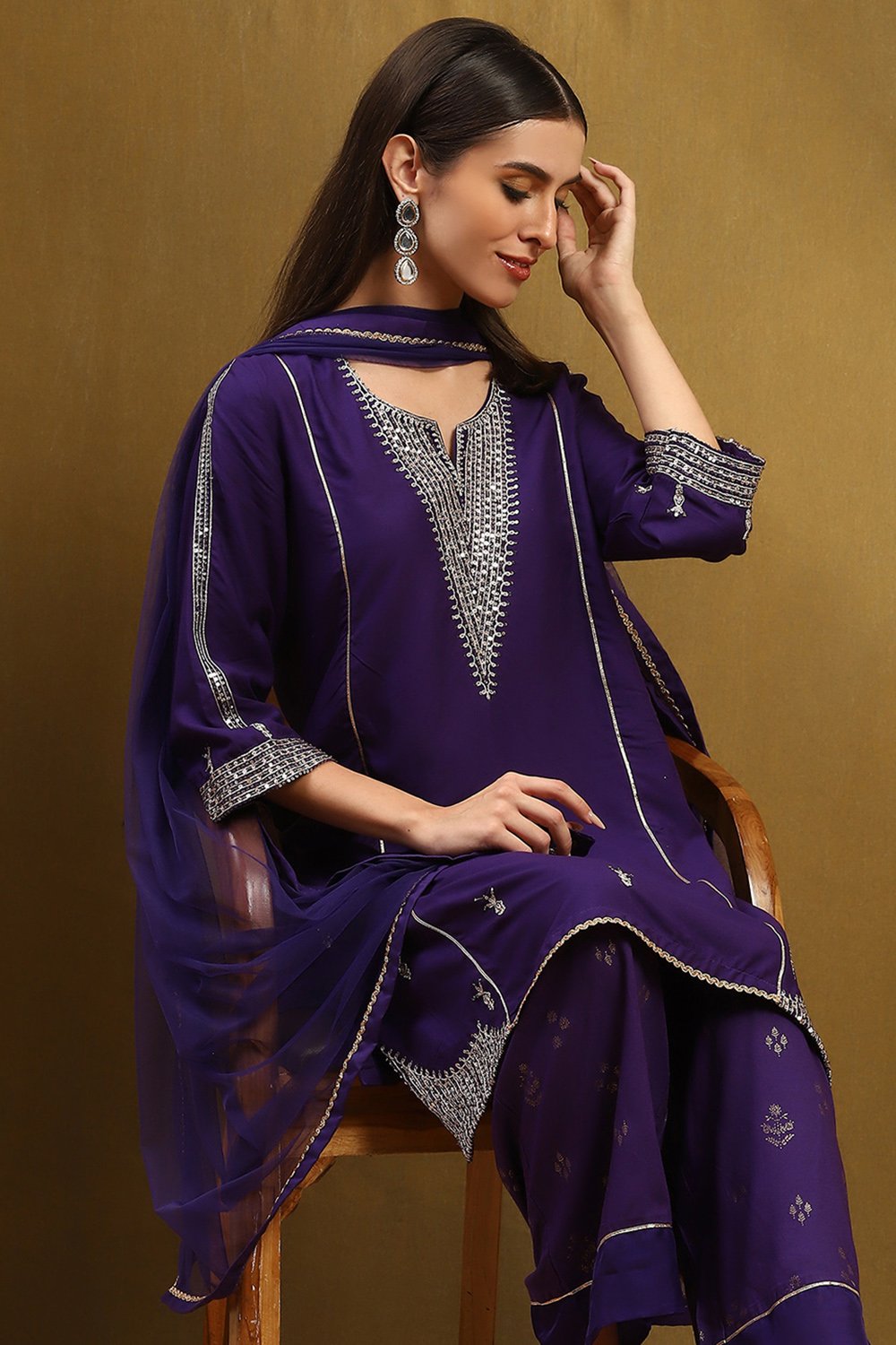 Purple Embroidered Straight Suit Set image number 8