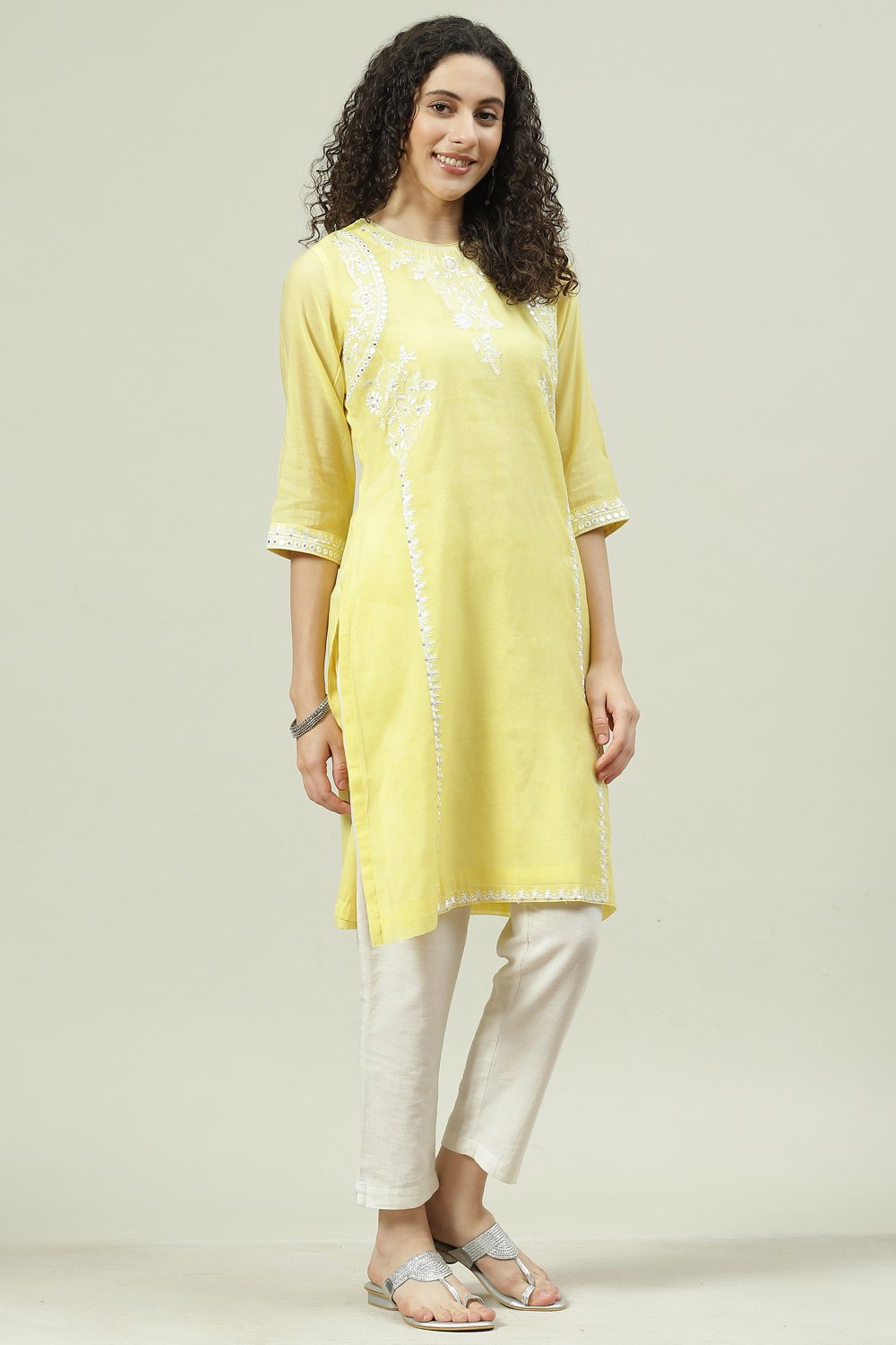 Beige Art Silk Straight Embroidered Kurta image number 3