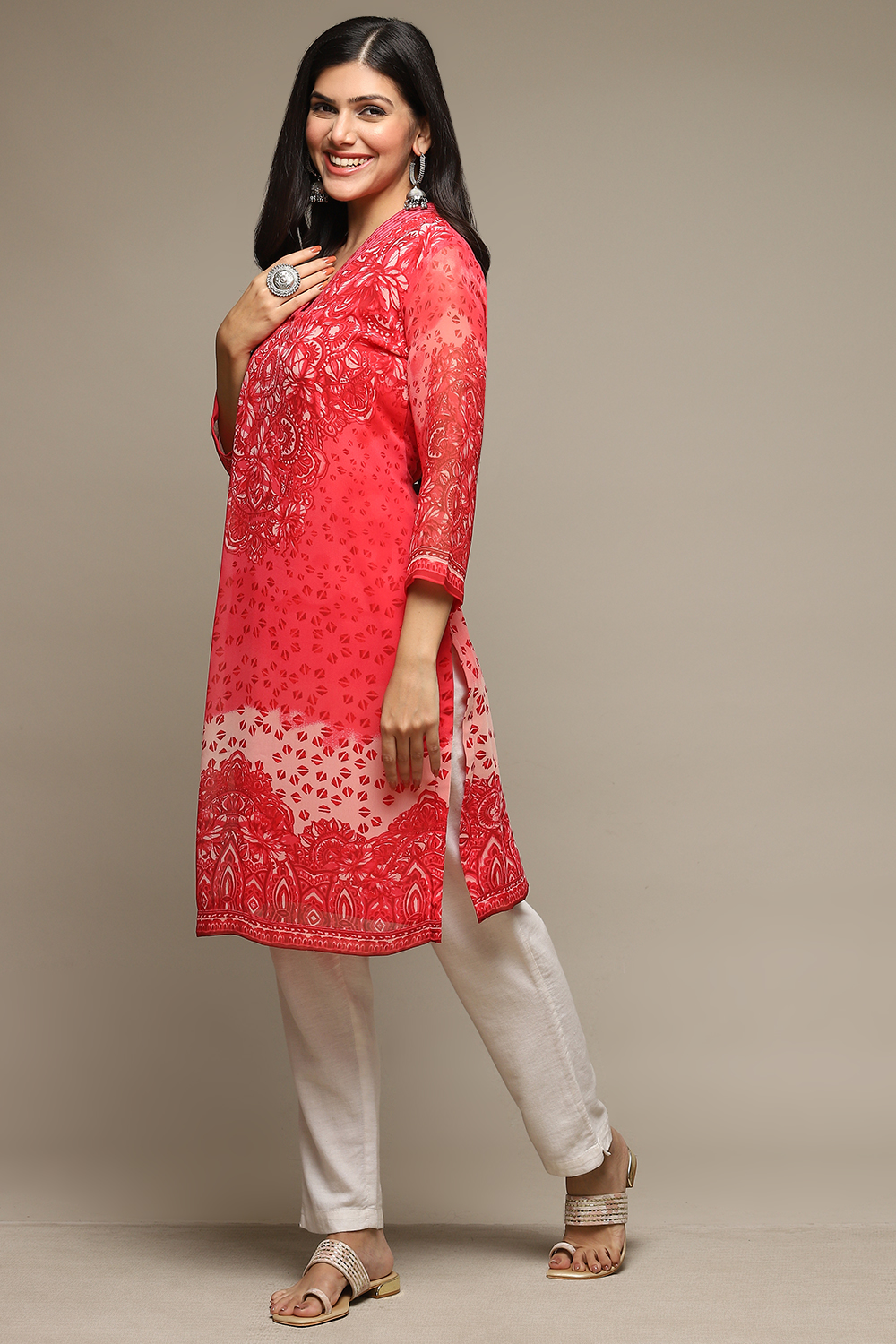 Red Cotton Blend Straight Printed Kurta image number 2