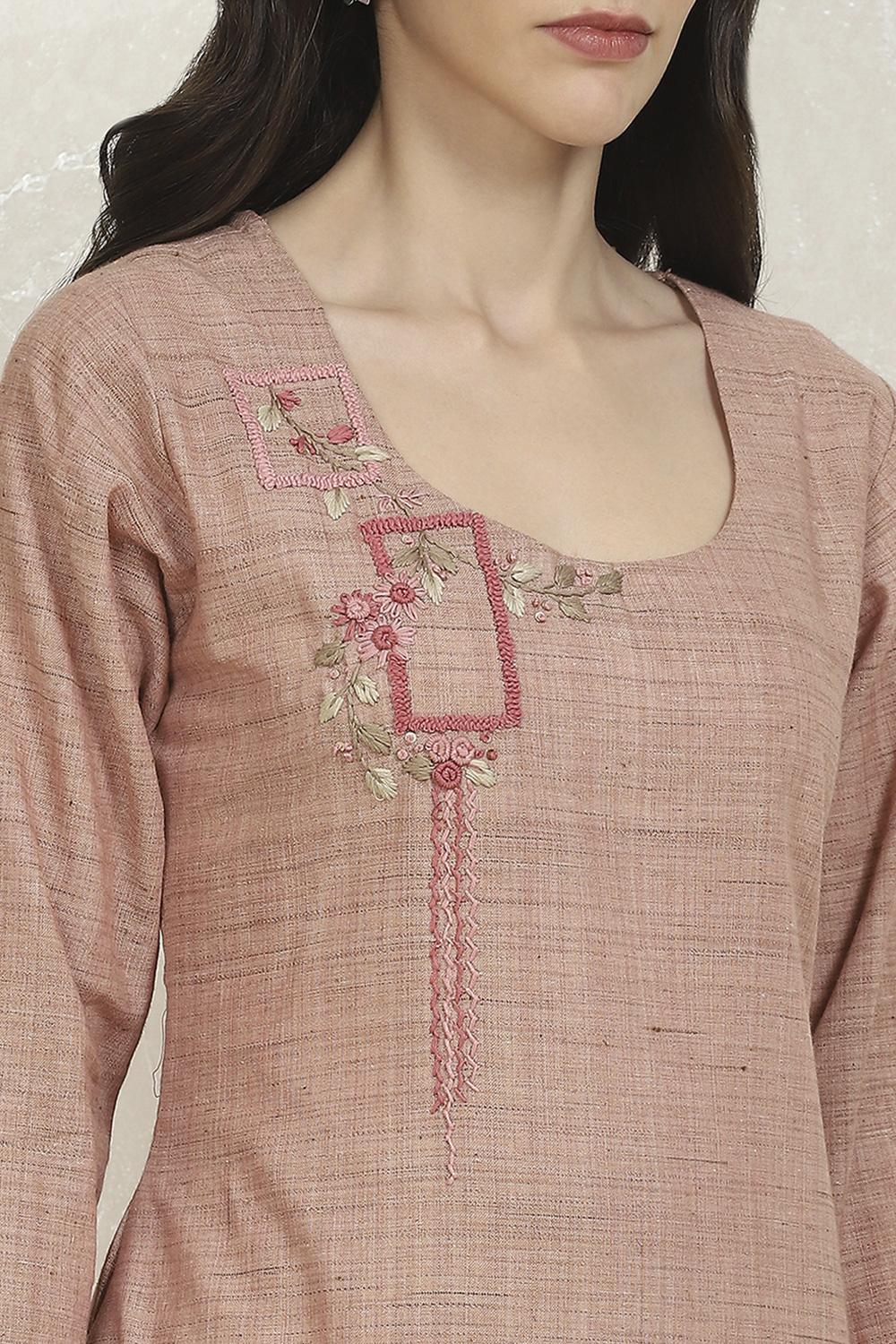 Beige Linen Hand Embroidered Unstitched Suit Set image number 2