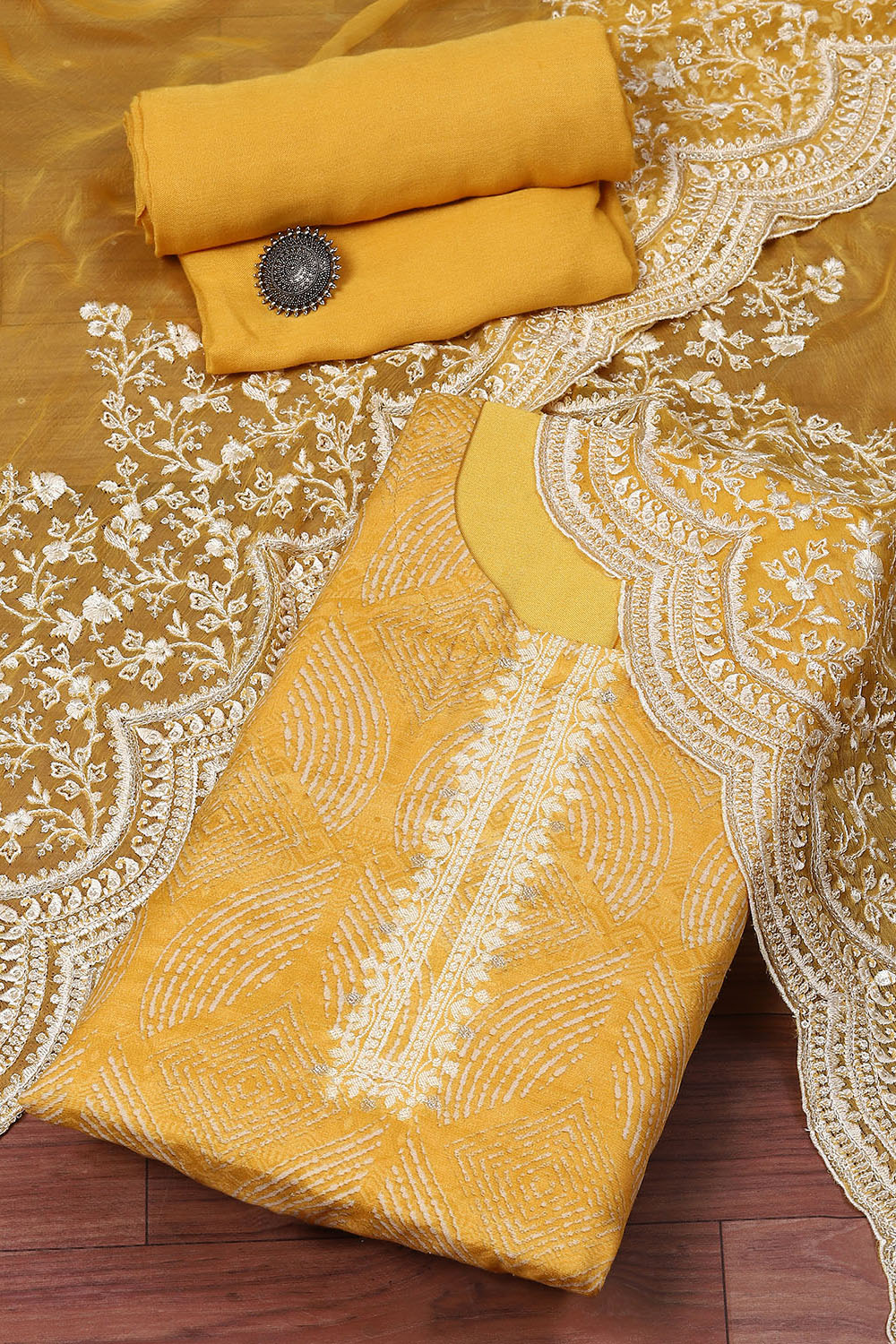 Yellow Linen Blend Digital Print Unstitched Suit Set image number 0
