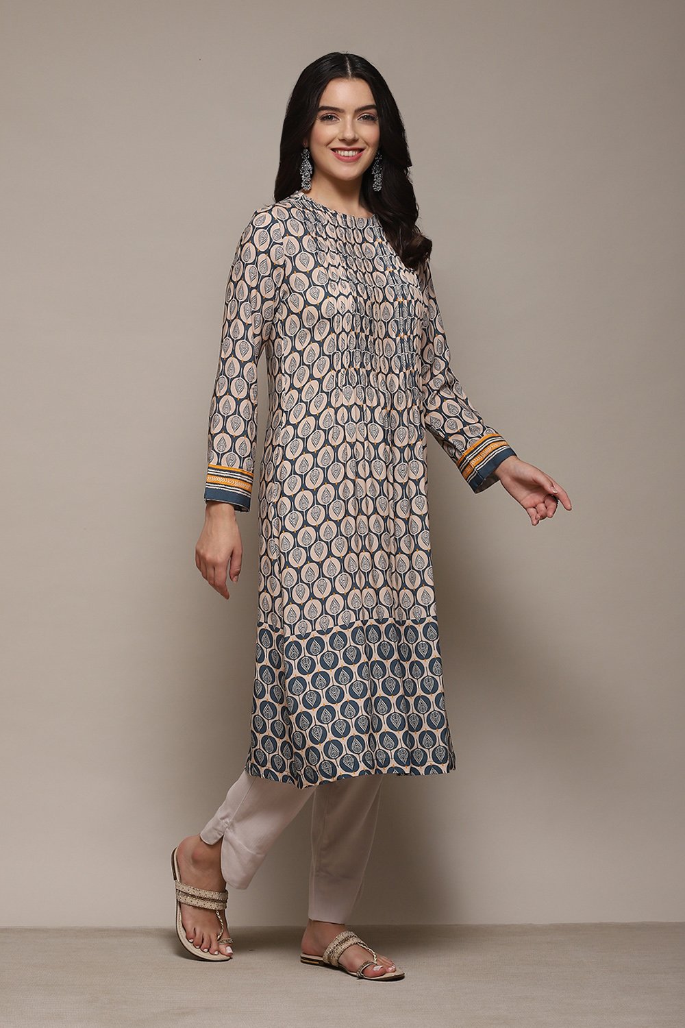 Light Grey Rayon Tiered Kurta Printed Kurta image number 1