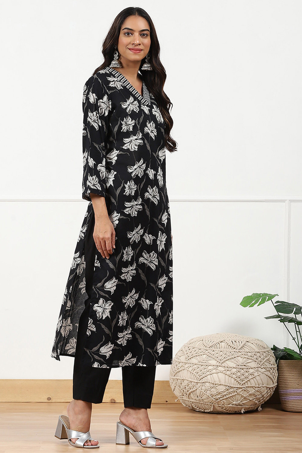 Black Cotton Floral Printed Unstitched Suit Set image number 6