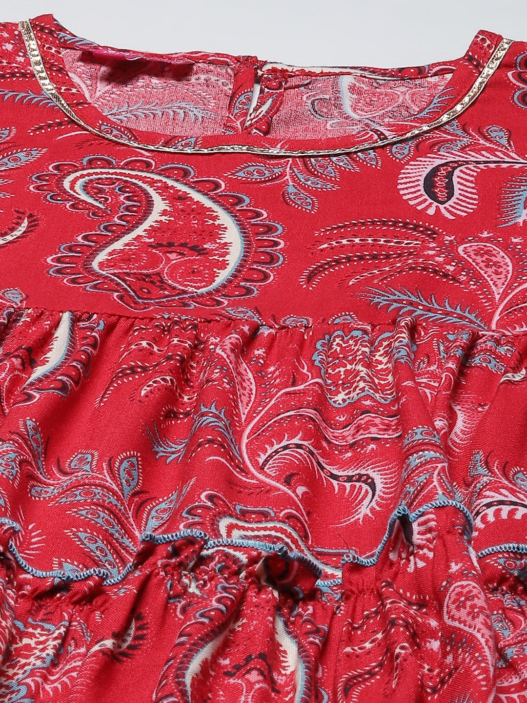 Red Rayon Tiered Printed Kurta image number 1