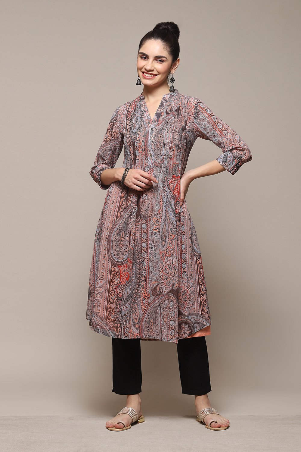 Peach & Blue Polyester Straight Printed Kurta image number 6