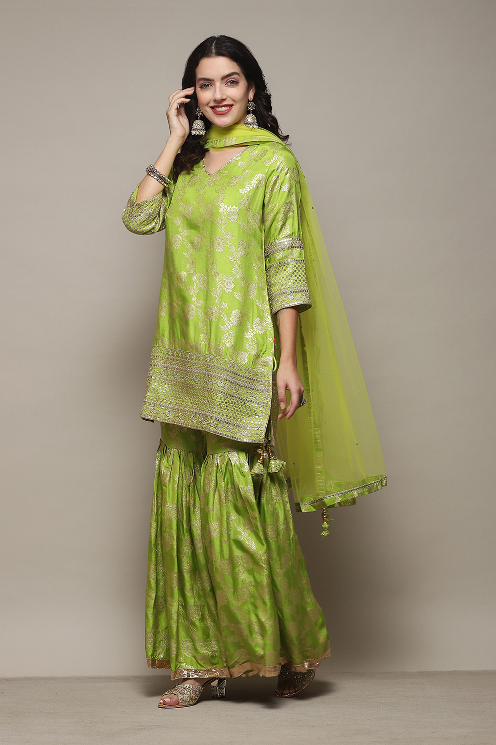 Lime Green Viscose Brocade Straight Kurta Palazzo Suit Set image number 4