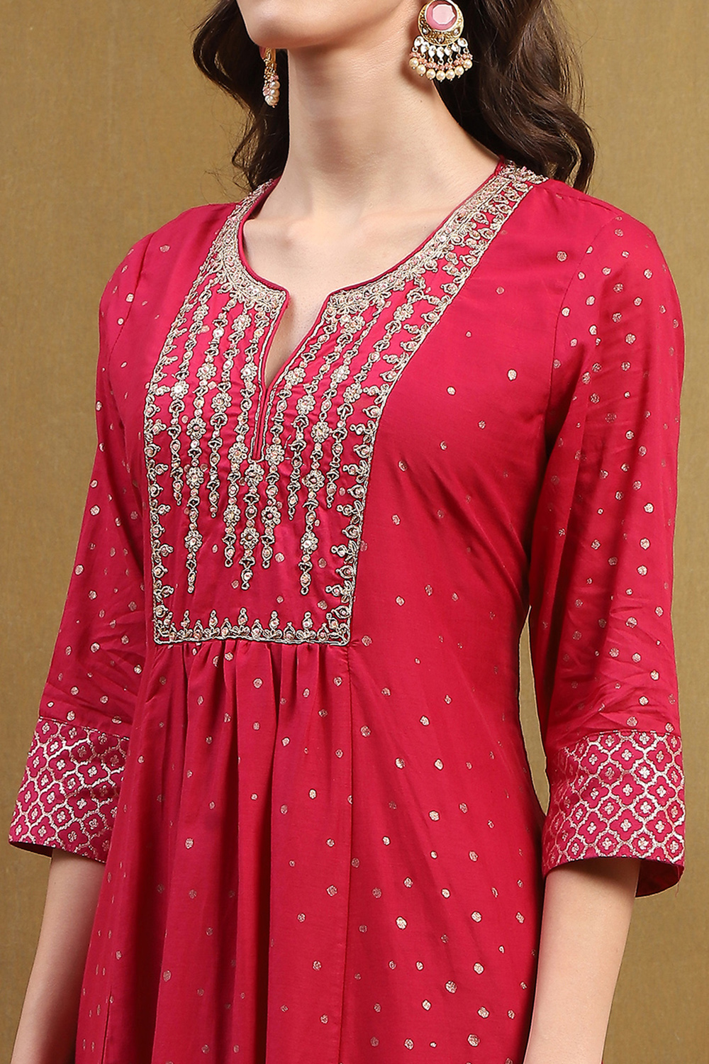 Fuchsia Cotton Printed Festive Gathered Suit Set image number 1