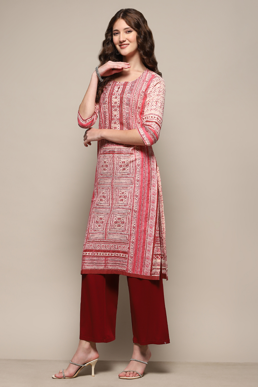 Rust & Off-white Cotton Printed Straight Kurta image number 2