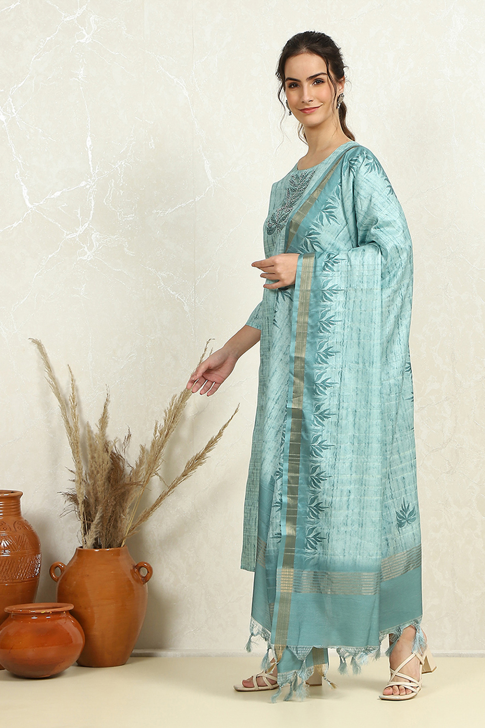 Teal Tussar Printed Unstitched Suit Set image number 2