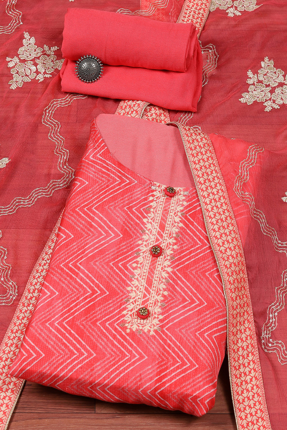 Pink Linen Blend Digital Print Unstitched Suit Set image number 0