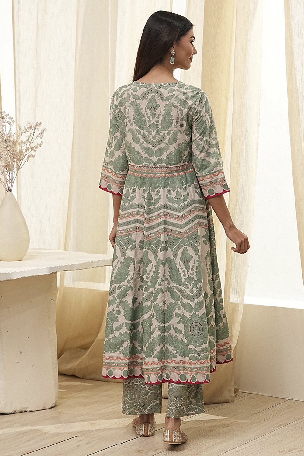 Green Cotton Printed Anarkali Suit Set image number 4