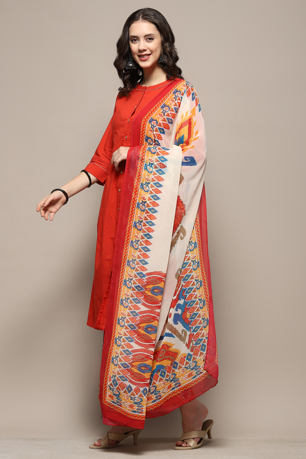 Orange Cotton Pleated Kalidar Suit Set image number 5