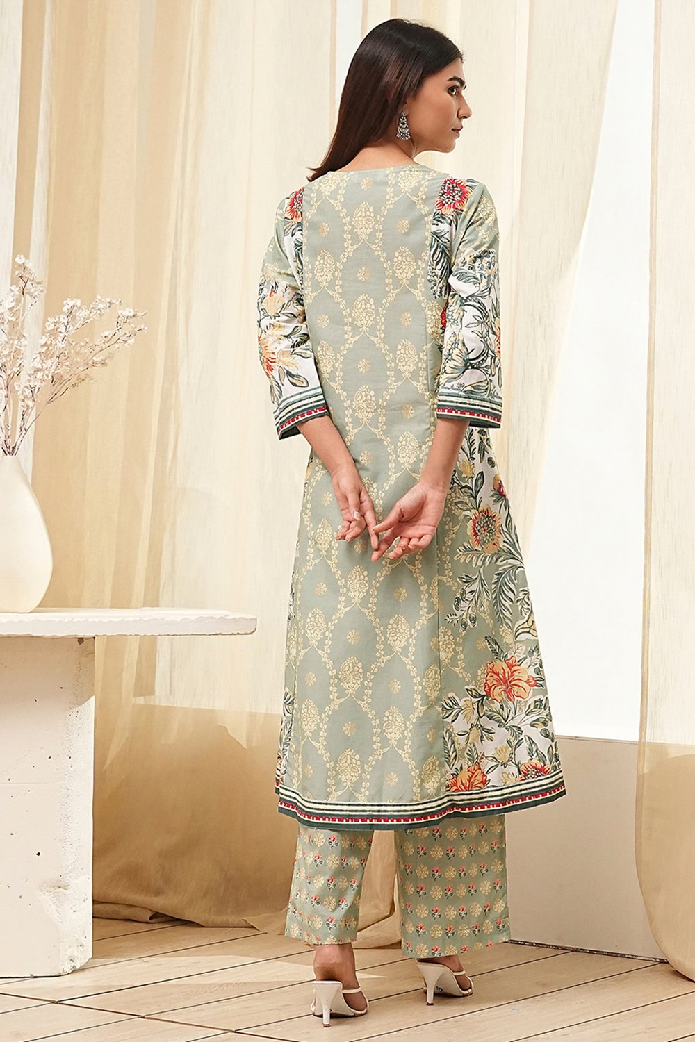 Sage Green Cotton Kalidar Suit Set image number 4