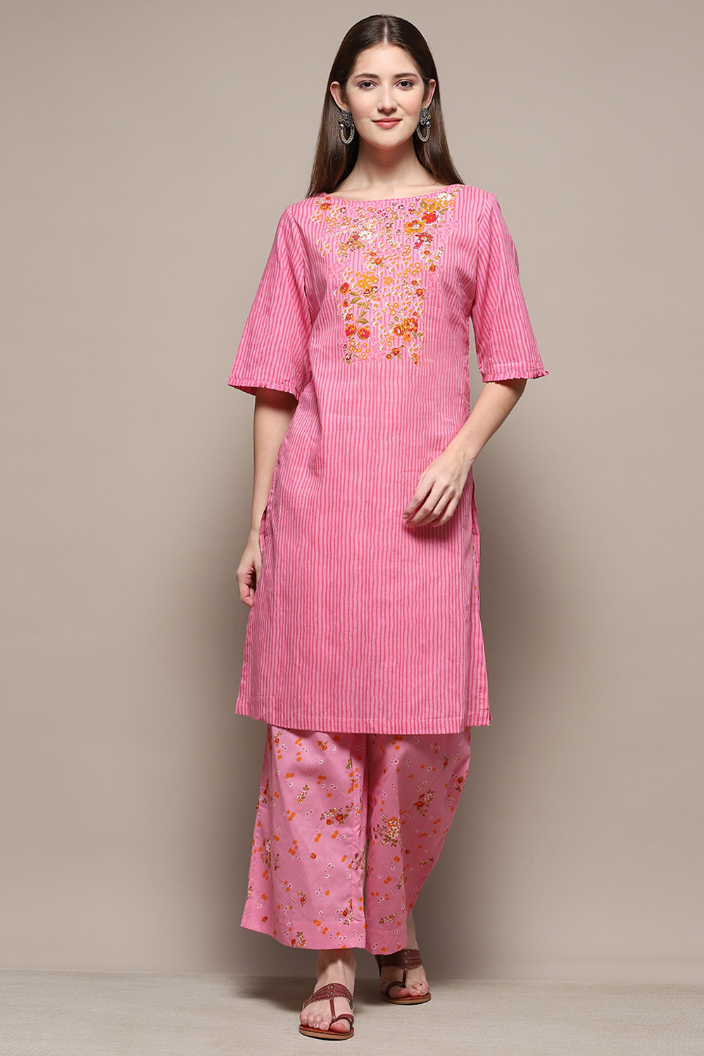 Yellow Cotton Straight Kurta Palazzo Suit Set image number 6