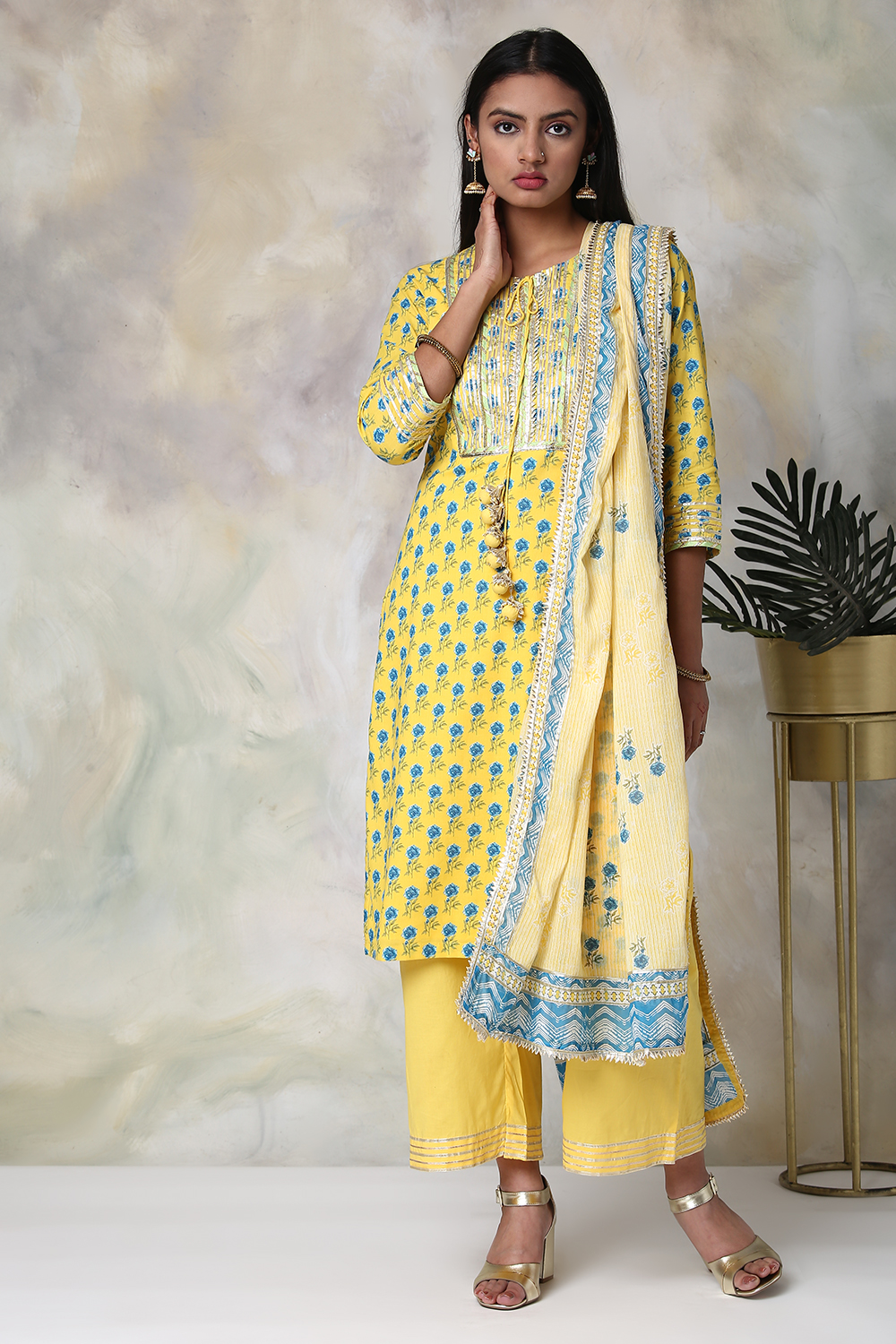 Yellow Cotton Straight Kurta Palazzo Suit Set image number 6