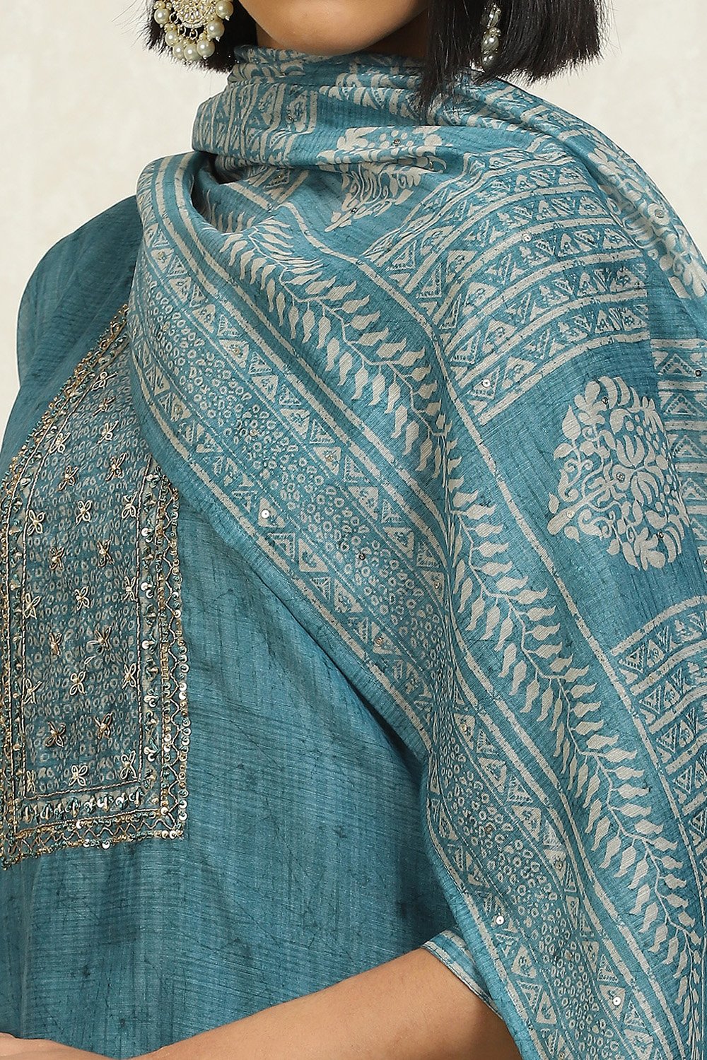 Blue Chanderi Hand Embroidered Unstitched Suit Set image number 4