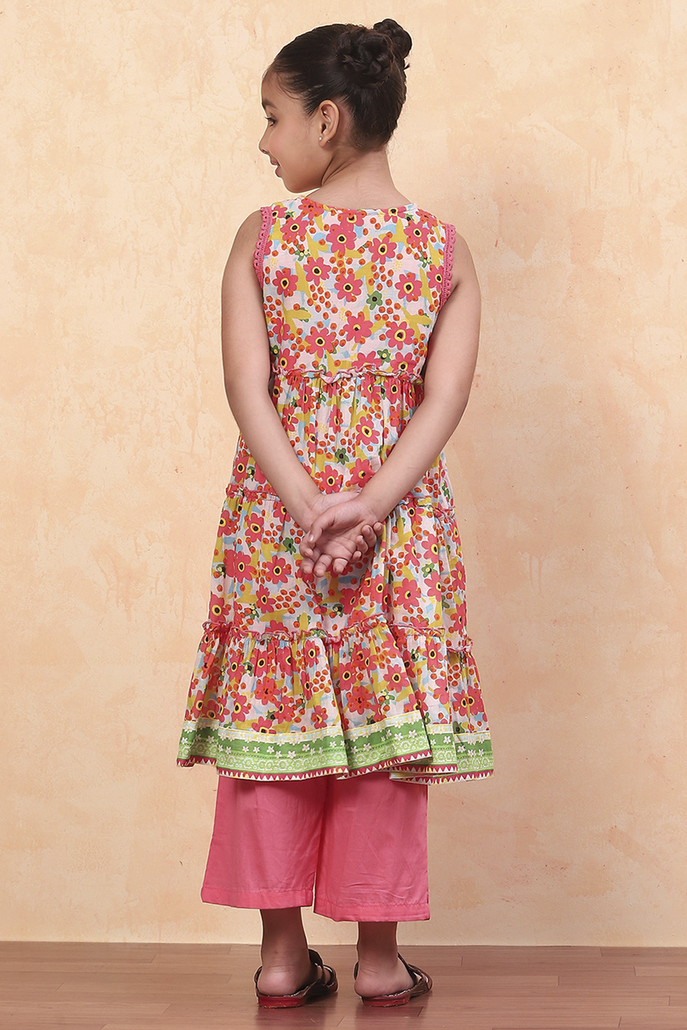 Coral Pure Cotton Floral Printed Tiered Suit Set image number 4