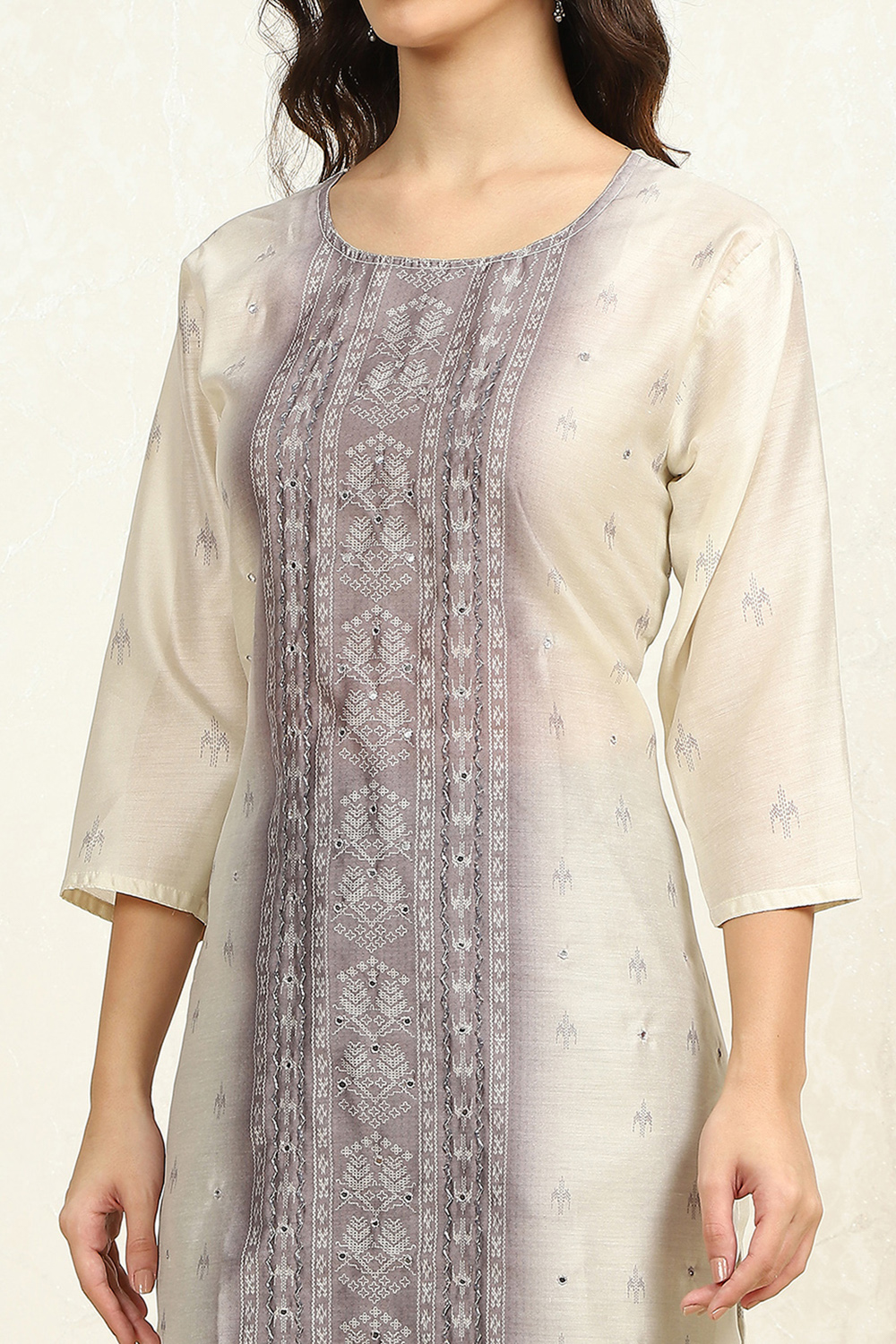 Grey and Off-White Chanderi Woven Unstitched Suit Set image number 2