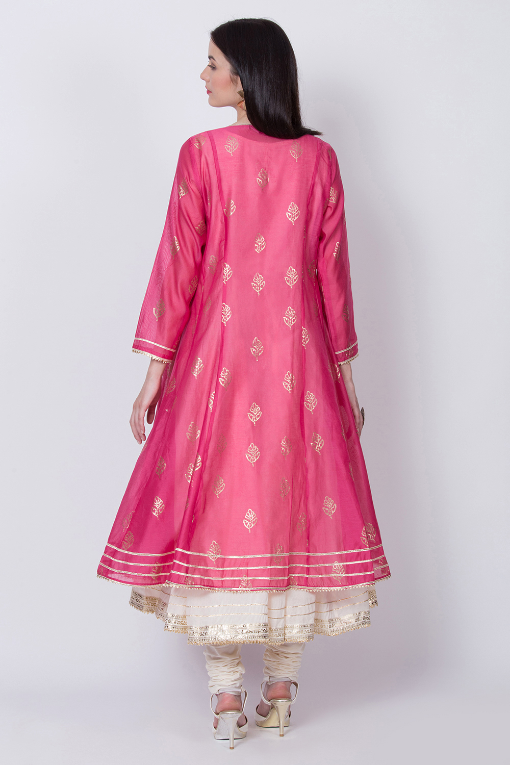 Pink Poly Cotton Front Open Kurta Churidar Suit Set image number 5