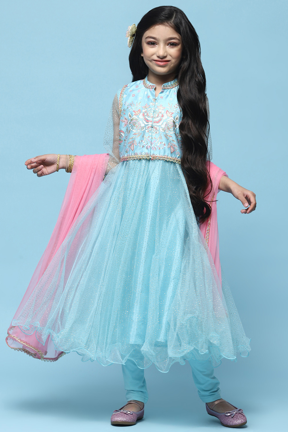 Sky Blue Anarkali Suit With Khadi Print Chanderi Jacket  image number 0