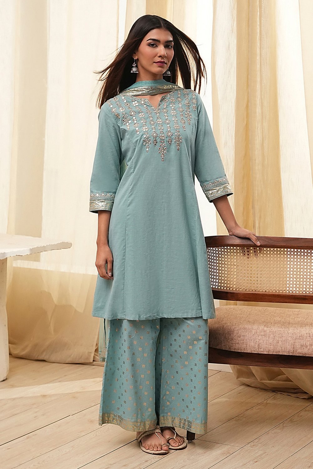 Dull Blue Cotton Kalidar Suit Set image number 0