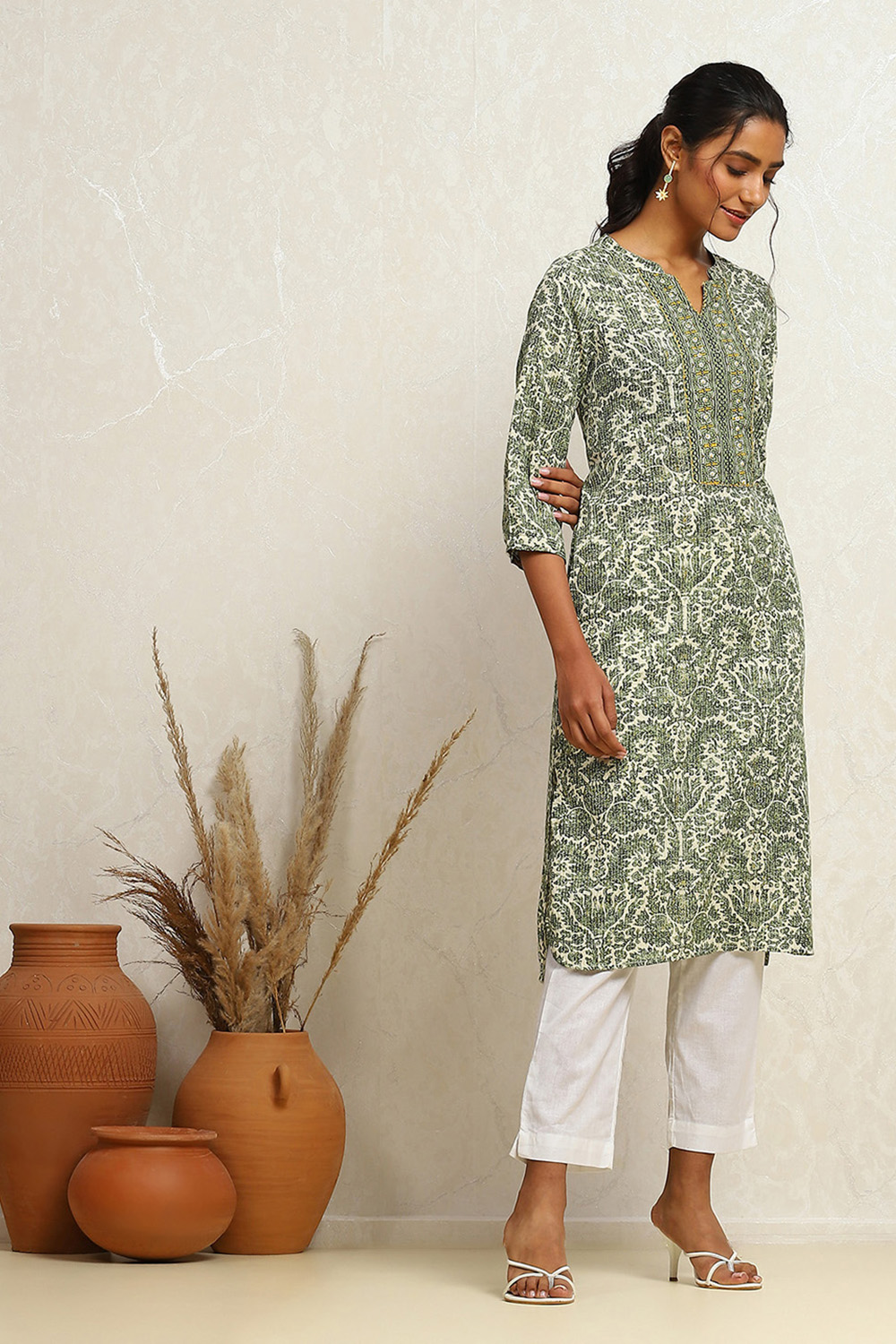 Green Cotton Printed Straight Kurta image number 4