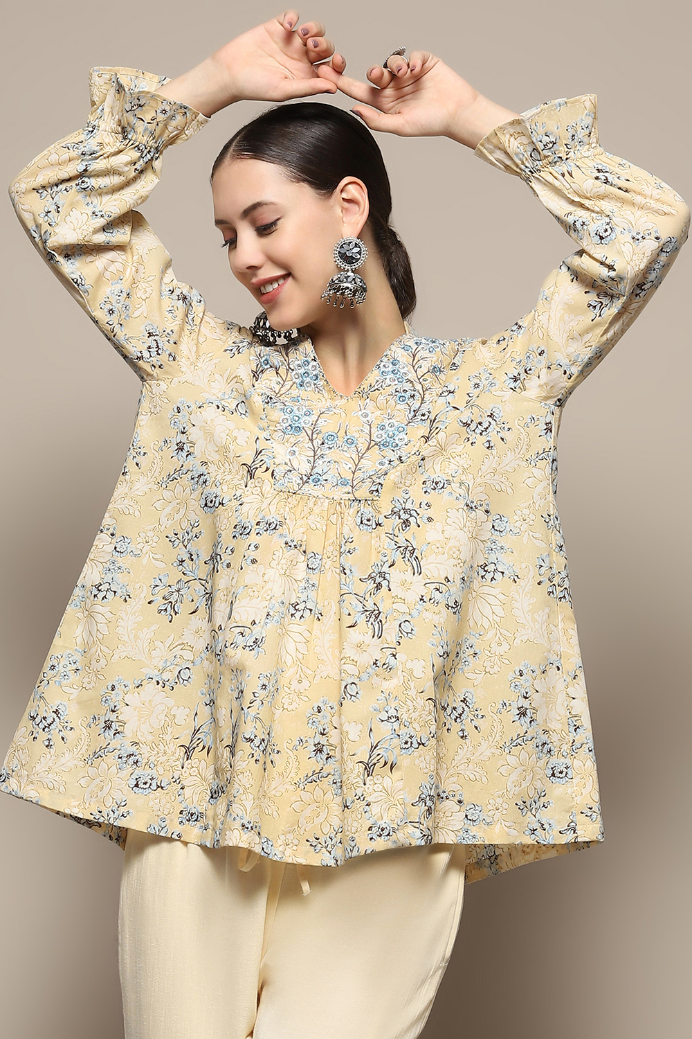 Beige Cotton Floral Printed A-Line Kurti image number 1